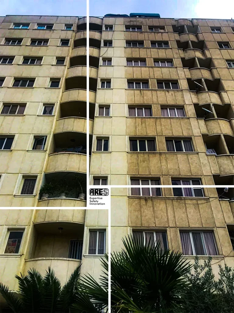 نمای شیشه‌ای یک برج قبل و بعد از شستشو توسط تیم آرس