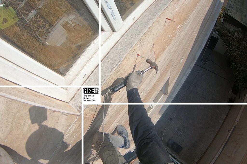 اجرا پیچ رولپلاک نما برای مقاوم سازی و جلوگیری از ریزش نما با روش درسترسی با طناب