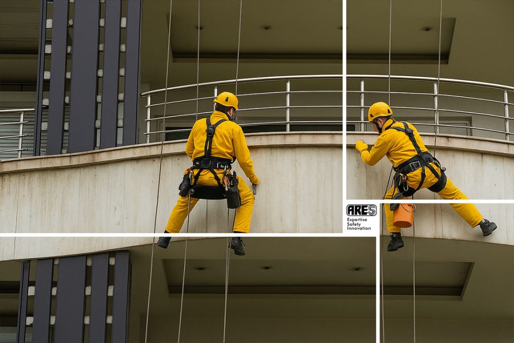 متخصصان دسترسی با طناب شرکت آرس در حال ترمیم و نصب سنگ نما در ارتفاع.